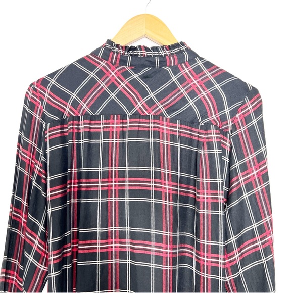Loft Women's Black Red Plaid Ruffle Neck Long Sleeve Button Up Shirt Top - Picture 13 of 16